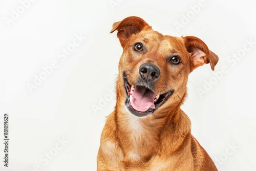 High Quality Image of Happy Mixed Breed Dog Sitting Isolated on White Background photo