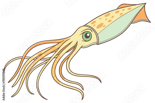 underwater creature, bioluminescent squid, translucent body, pale orange hues, iridescent spots, bright green eye, tentacles, marine life, deep sea, high detail, studio lighting, white background, sci