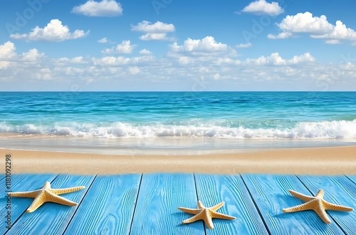 A blue wooden summer background with sand and starfish on the beach