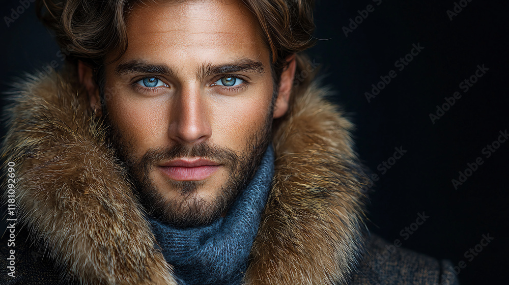 Close-up portrait of a handsome man with blue eyes, wearing a fur-trimmed coat and scarf. Close-up portrait of a handsome man with blue eyes, wearing a fur-trimmed coat and scarf.