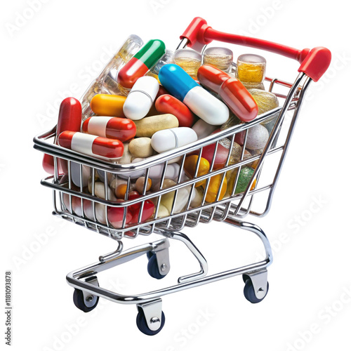 Shopping cart with pills and medicines isolated on transparent background  
