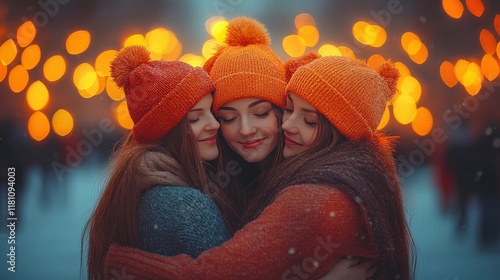 Three friends embracing in winter attire with orange knit hats and blurred lights creating a warm, festive atmosphere in the background, capturing friendship and joy.