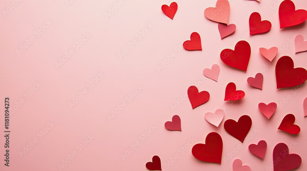 Delicate red hearts cut from paper are thoughtfully placed on the edge of a pink background, perfect for creating a romantic or celebratory atmosphere with ample space for customization. Delicate red hearts cut from paper are thoughtfully placed on the edge of a pink background, perfect for creating a romantic or celebratory atmosphere with ample space for customization.