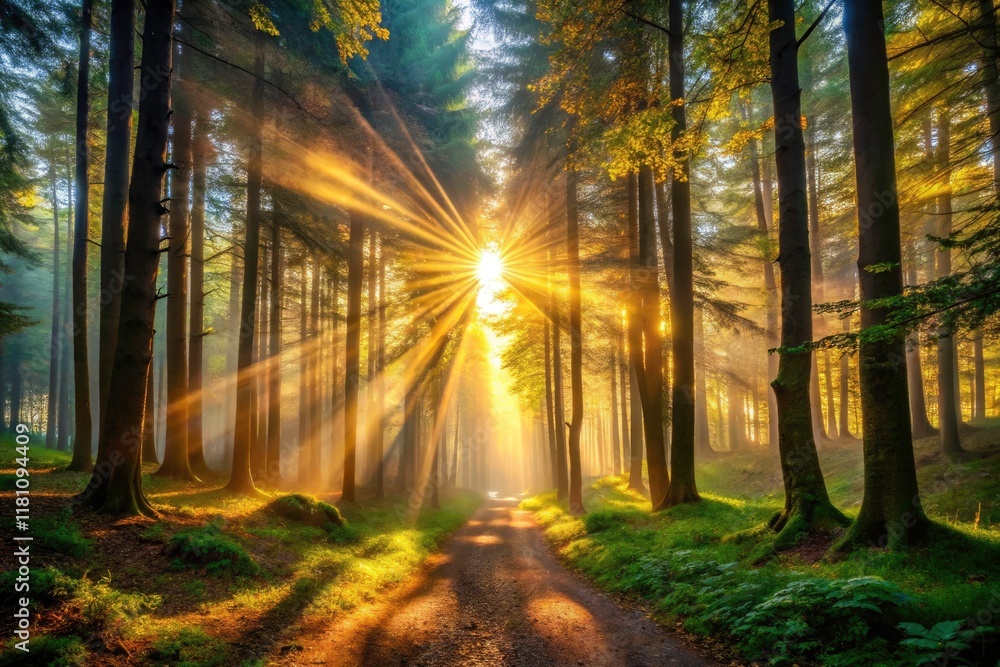 Obraz premium Sunbeams Forest Low Light Photography, Golden Hour Sunlight, Mystical Woods, Forest Path, Nature Photography, Dark Forest, Woodland Scene, Sun Rays, Magical Forest, Cinematic Lighting