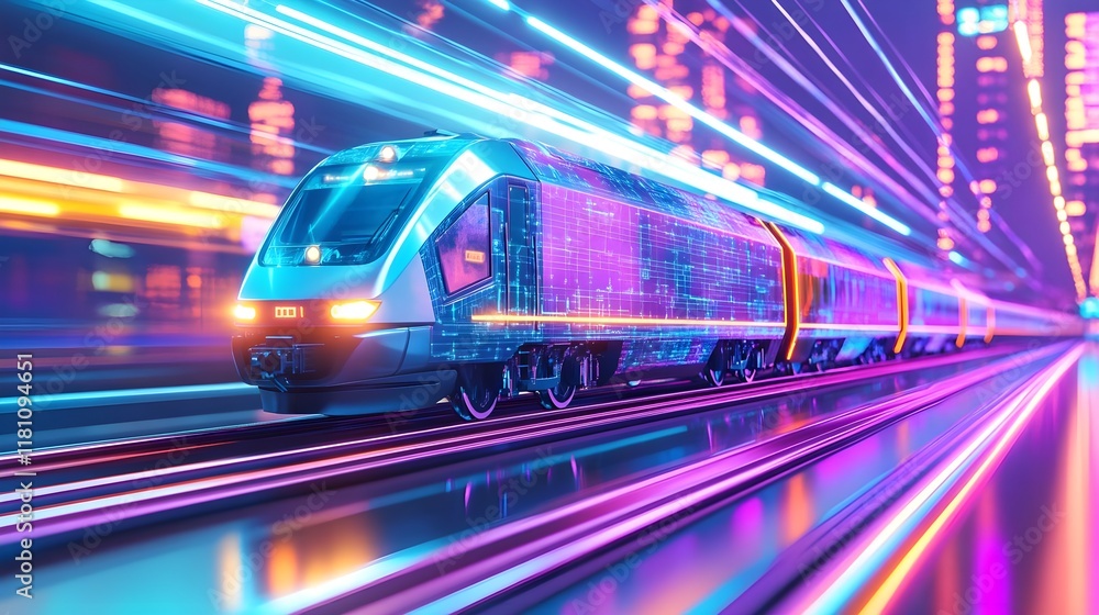 futuristic high-speed train, neon cityscape - cyberpunk aesthetics futuristic high-speed train, neon cityscape - cyberpunk aesthetics