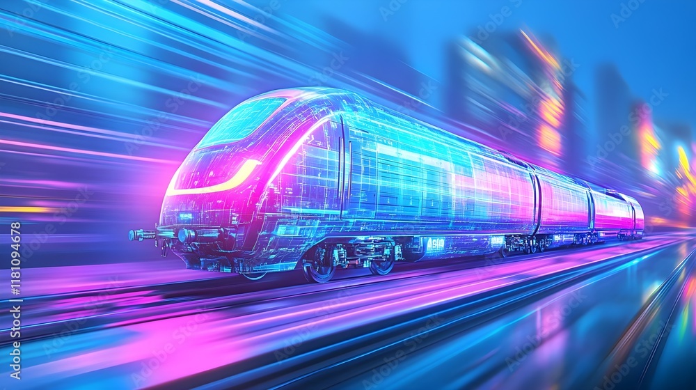 Fototapeta premium futuristic high-speed train, neon city - cyberpunk aesthetics