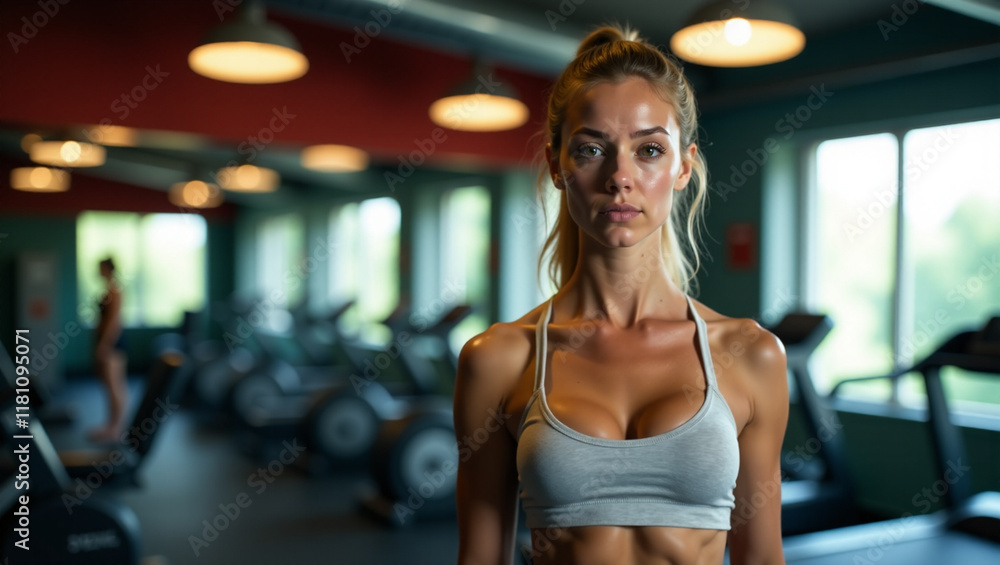 Fototapeta premium Focused Woman in Gym with Lighting and Treadmills