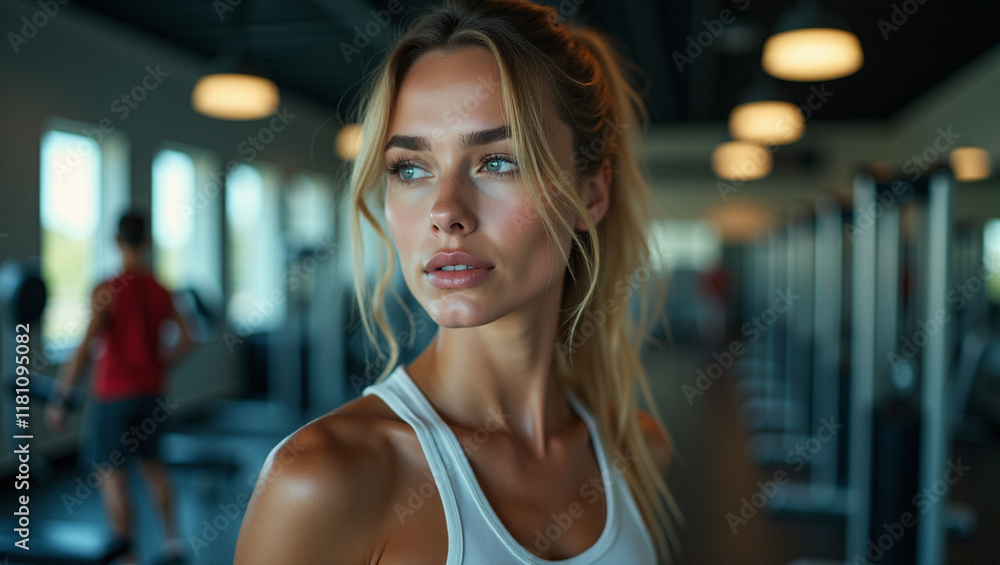 Focused Woman in Gym with Lighting and Treadmills Focused Woman in Gym with Lighting and Treadmills