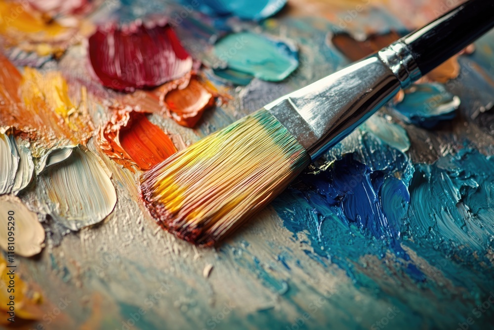 A paintbrush rests on a palette of vibrant, textured oil paints, showcasing the artist's process. A paintbrush rests on a palette of vibrant, textured oil paints, showcasing the artist's process.