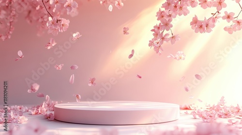 3D Empty podium background with cherry blossom,Spring welcome, decorative trendy for sale,pedestal,Fall sale advertising banner,sakura,seasonal marketing materials,templateVector illustration. photo