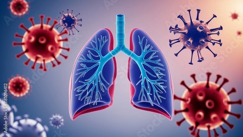 Human metapneumovirus HMPV, with blueprint of lungs and virus in the background. a respiratory virus causing flu-like symptoms coughs and fevers. AI photo