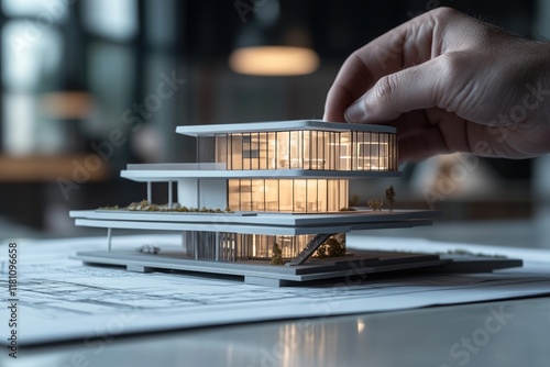 Architectural model of a modern house, meticulously crafted and displayed on blueprints.