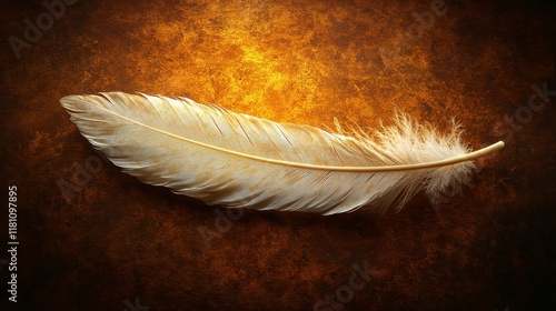 Single off-white feather on rustic brown background. photo