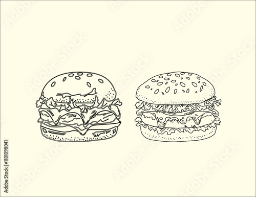 hand drawn illustration of a burger. Set of hand drawn hamburger, burger. Set of doodle style hamburger, burger. Vector illustration