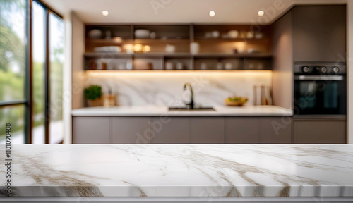 Una mesa de cocina vacía con fondo de cocina