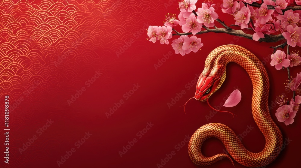 Obraz premium Happy Chinese New Year 2025,Year of the snake zodiac sign,Snake illustration and design,Asian elements gold paper cut style,Lunar new year concept,New Year card 2025.