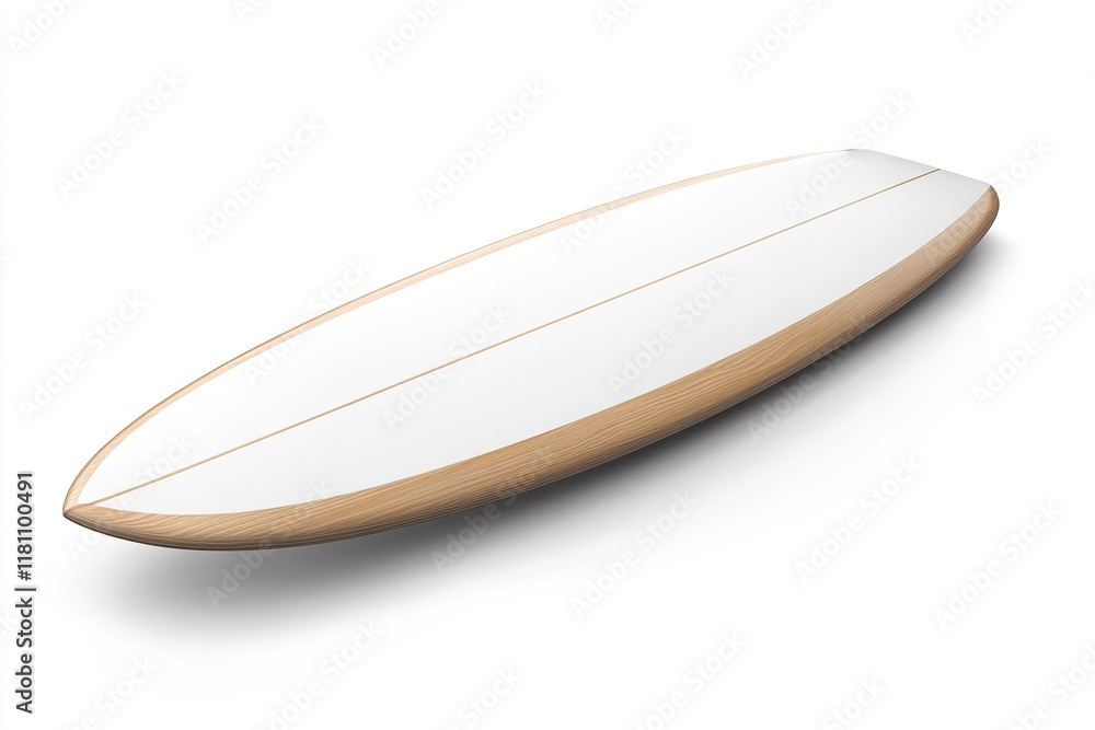 surfboard in treated wood, with white top, white background. surfboard in treated wood, with white top, white background.