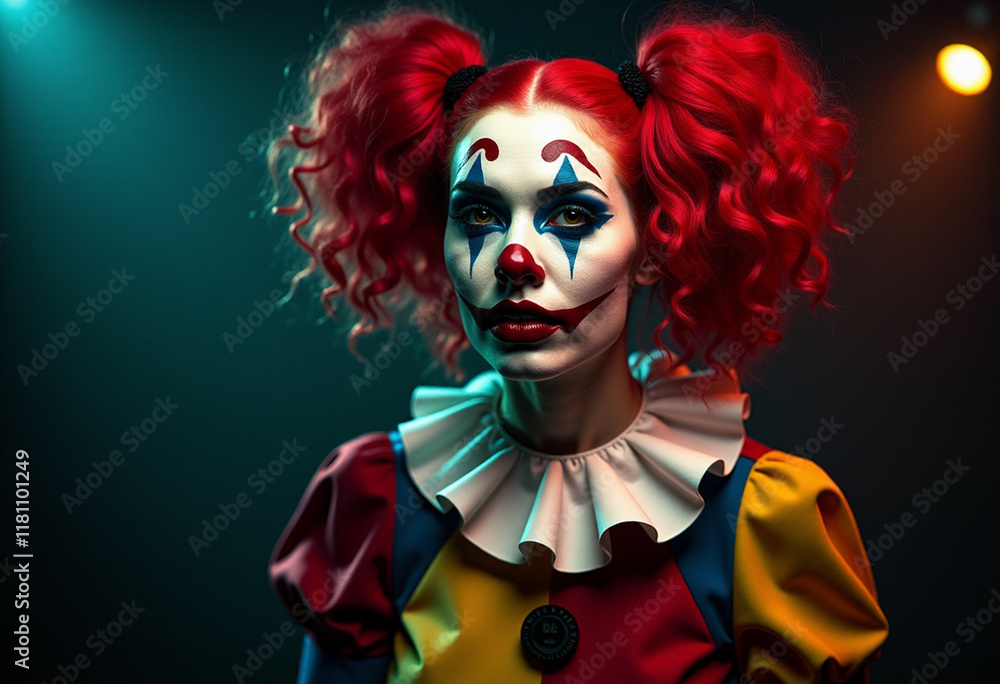 Mysterious Female Clown with Curly Red Hair in Dramatic Lighting Mysterious Female Clown with Curly Red Hair in Dramatic Lighting