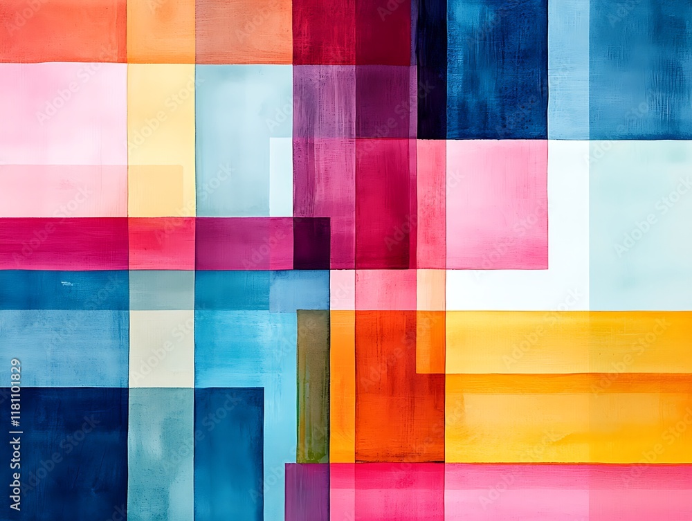 Fototapeta premium A vibrant abstract composition featuring colorful overlapping rectangles in various shades of blue, red, pink, and orange.