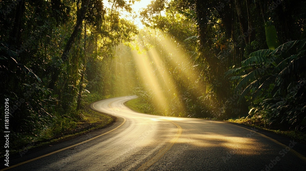 Fototapeta premium Sunbeams Illuminating a Winding Road Through Lush Tropical Forest