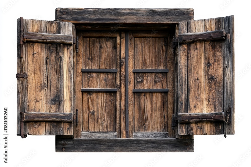Open antique wooden window shutters. Open antique wooden window shutters.