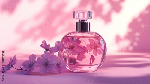 Elegant Pink Perfume Bottle with Delicate Cherry Blossoms: A Sensory Delight