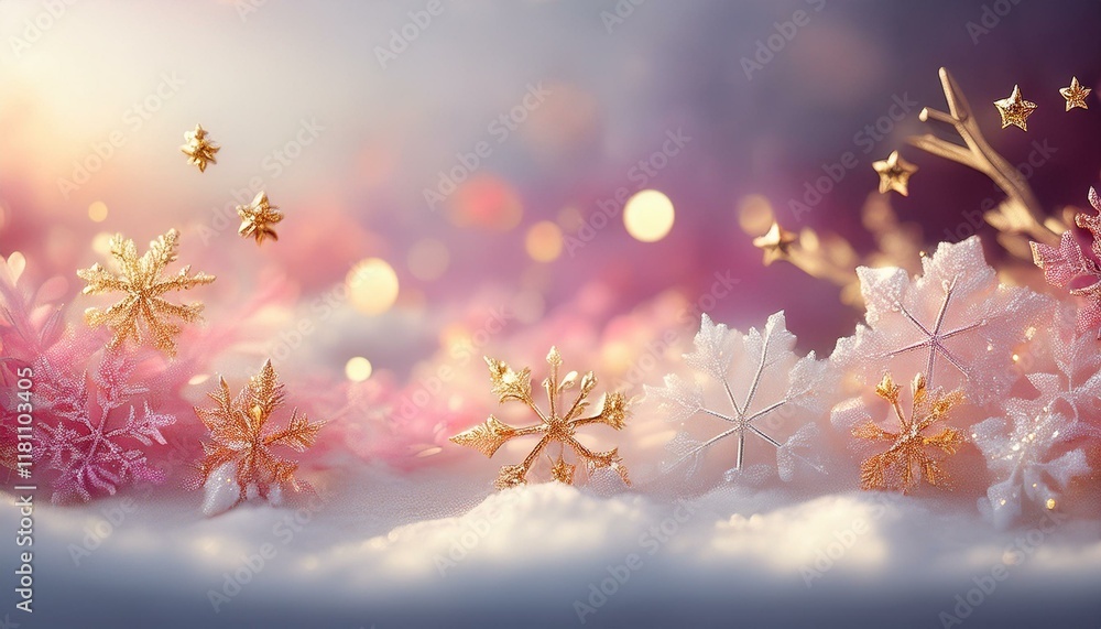 冬の真っ白な雪が積るピンク色と金色の雪の結晶の背景イラスト。aiで生成 冬の真っ白な雪が積るピンク色と金色の雪の結晶の背景イラスト。aiで生成