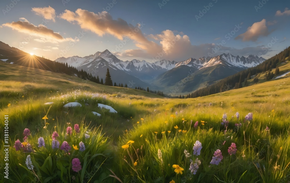 Fototapeta premium A Verdant Valley Bathed in Golden Light - Serene Landscape, Lush Green Hills, and Beautiful Sunset Views