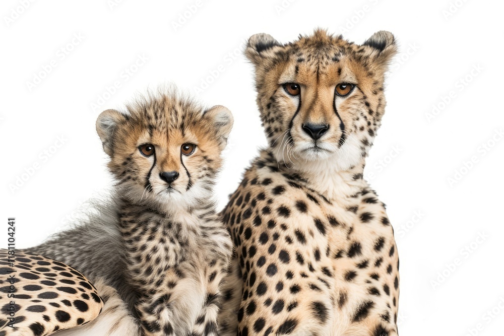 High Resolution of Three Months Old Cheetah Cub Sitting Next They Mother, Isolated High Resolution of Three Months Old Cheetah Cub Sitting Next They Mother, Isolated