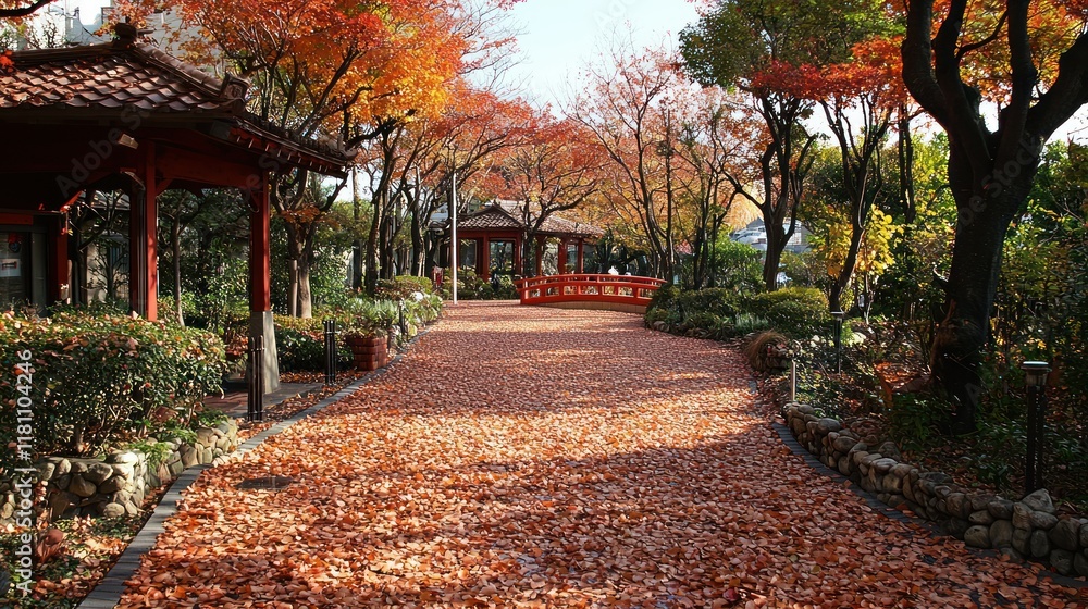 Naklejka premium Autumnal Serenity in a Japanese Garden: A Pathway of Fallen Leaves