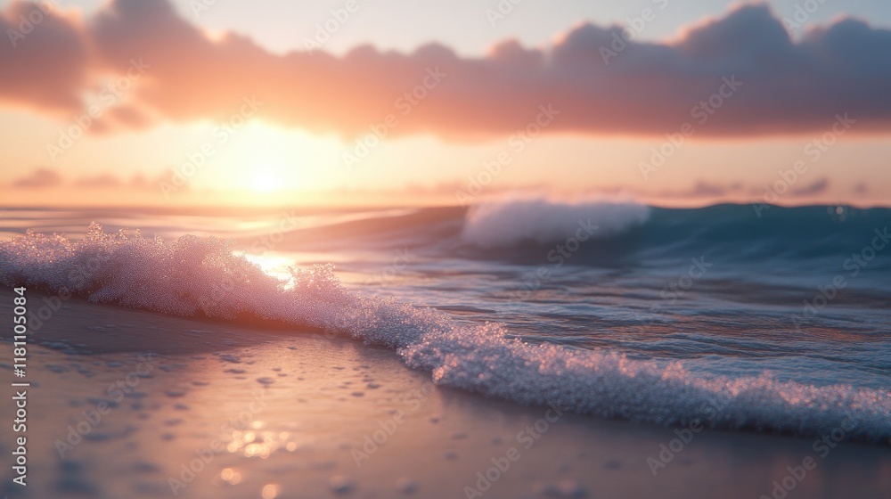 Fototapeta premium A tranquil ocean view with small waves rolling onto the beach under the warm light of a setting sun