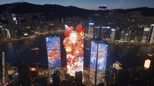 Illuminated skyscrapers at night in Hong Kong city, vibrant light show. photo