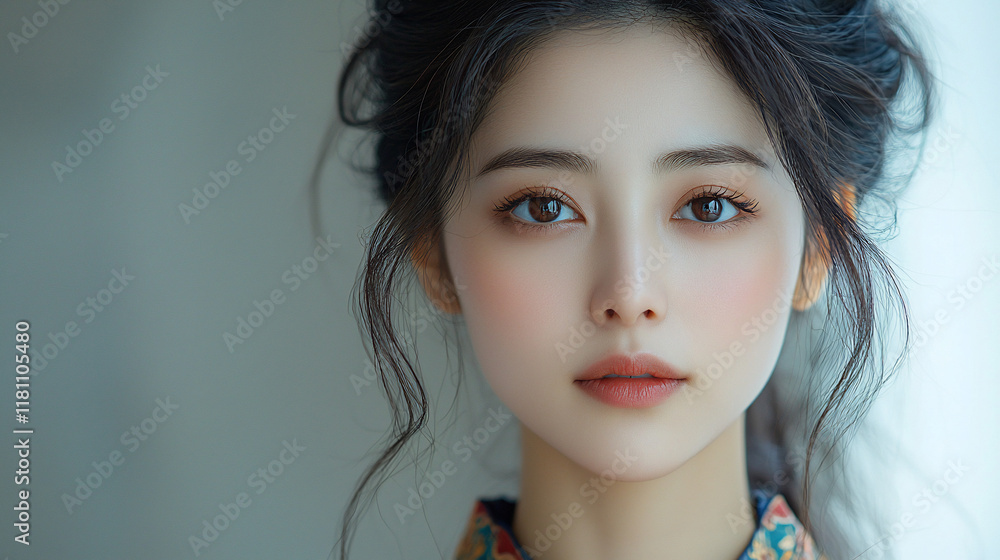 Close-up portrait of a young Asian woman with dark hair and subtle makeup. Close-up portrait of a young Asian woman with dark hair and subtle makeup.
