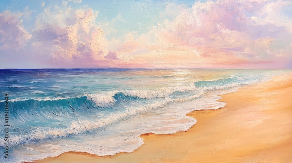 Fototapeta premium A tranquil beach scene with smooth, rippling waves and golden sand, framed by a soft pink and blue sky