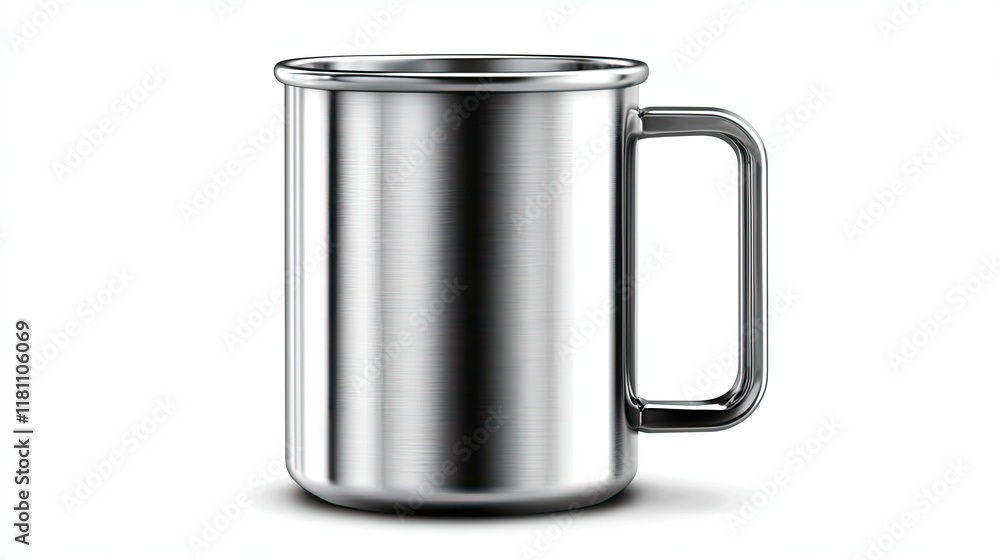 Stainless Steel Mug with Handle, Sleek and Durable Design, Isolated on White Background, Ideal for Outdoor, Camping, and Everyday Use, Minimalistic and Functional Drinkware Concept Stainless Steel Mug with Handle, Sleek and Durable Design, Isolated on White Background, Ideal for Outdoor, Camping, and Everyday Use, Minimalistic and Functional Drinkware Concept