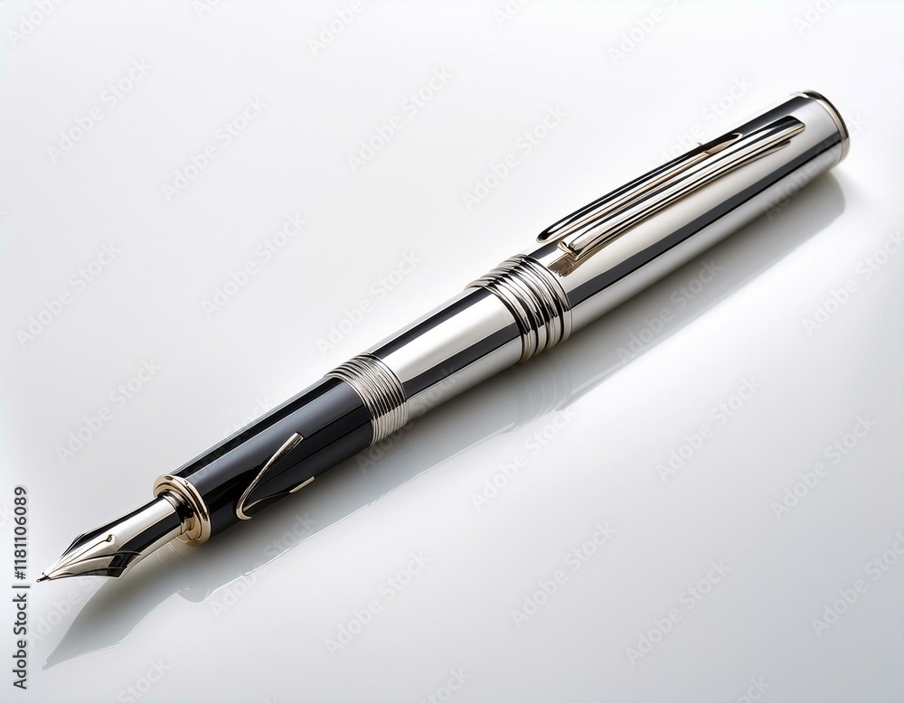 A sleek metallic fountain pen with a fine nib and smooth silver body, shown diagonally on a pure white backdrop. A sleek metallic fountain pen with a fine nib and smooth silver body, shown diagonally on a pure white backdrop.