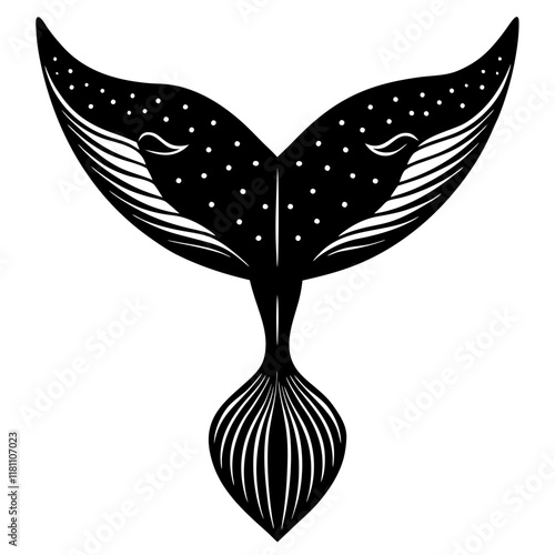 Black and White Whale Tail Silhouette with Starry Celestial Patterns Vector