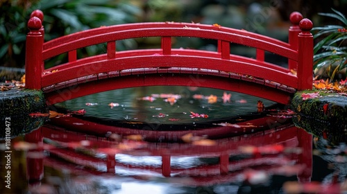 Serene Red Bridge Reflection in Autumnal Pond photo