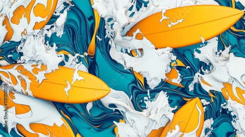 Fototapeta Naklejka Na Ścianę i Meble -  Background image  A 3D graphic pattern featuring twisted surfboards and crashing abstract waves