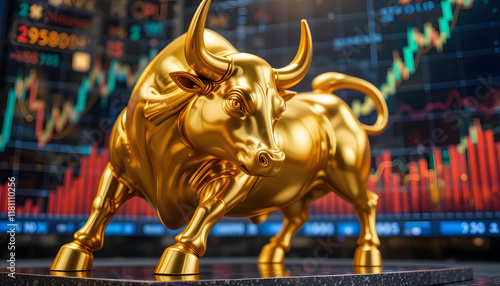 Bull statue with digital stock graphs in the background, representing bullish market trends, investor confidence, and the rising cryptocurrency landscape. photo