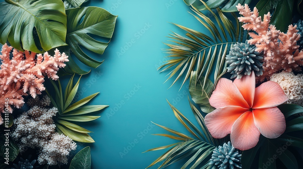 Fototapeta premium Tropical Paradise: A vibrant arrangement of lush foliage, exotic flowers, and delicate coral, creating a summery and tranquil atmosphere.
