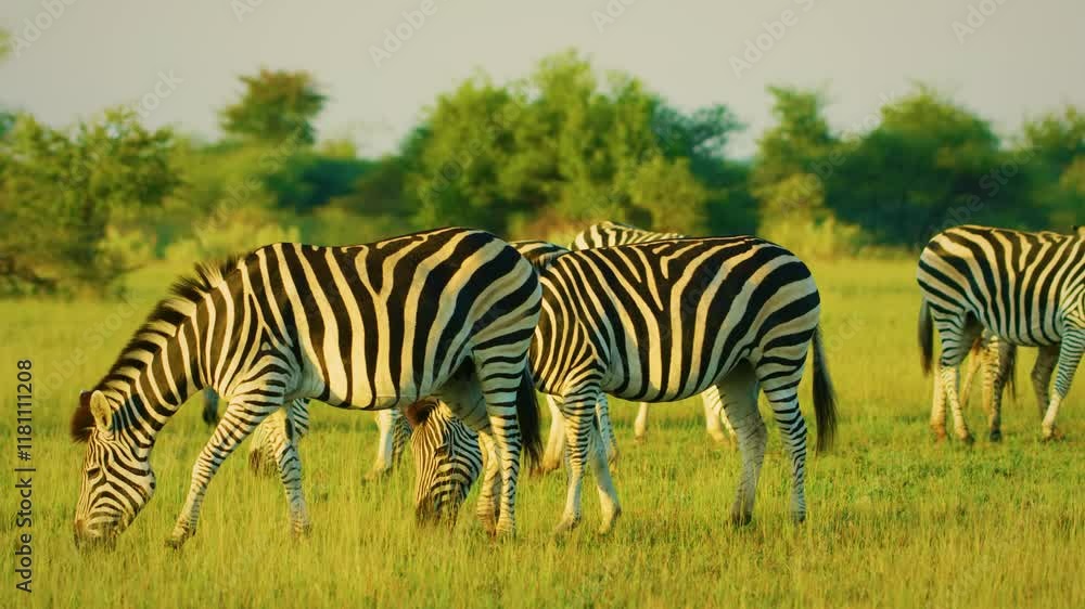 Herd of wild zebra grazing on green grass in african wilderness. Herd of wild zebra grazing on green grass in african wilderness.