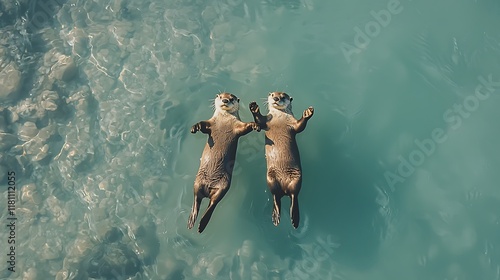 Two otters floating on their backs in clear turquoise water.