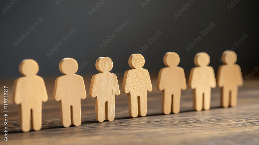 Wooden figures standing in line. Perfect for team unity and organizational structure concepts. Wooden figures standing in line. Perfect for team unity and organizational structure concepts.