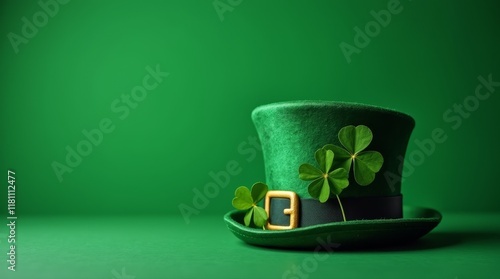 Green leprechaun hat with gold buckle and shamrock leaves on green background. St. Patrick's Day concept
