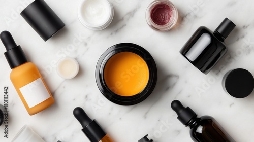 A flat lay of various skincare products, including serums, moisturizers, and cleansers, arranged neatly on a marble surface photo