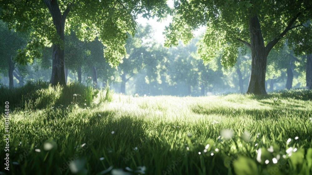 Sunlit forest clearing with tall trees, lush green grass, and dappled sunlight. Sunlit forest clearing with tall trees, lush green grass, and dappled sunlight.