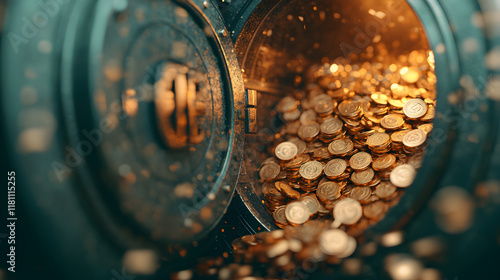 Treasure discovery gold coins in a vault finance digital environment close-up photo