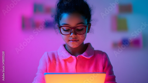 Girl engaged in digital learning home portrait colorful close-up photo