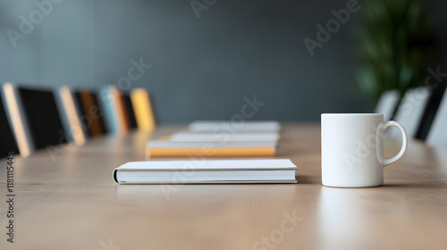 Professional business meeting setup with coffee mug in conference room